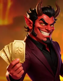 Grinsender Teufel mit Freispiel-Tickets, Motiv eines Slot-Turniers bei Dazard