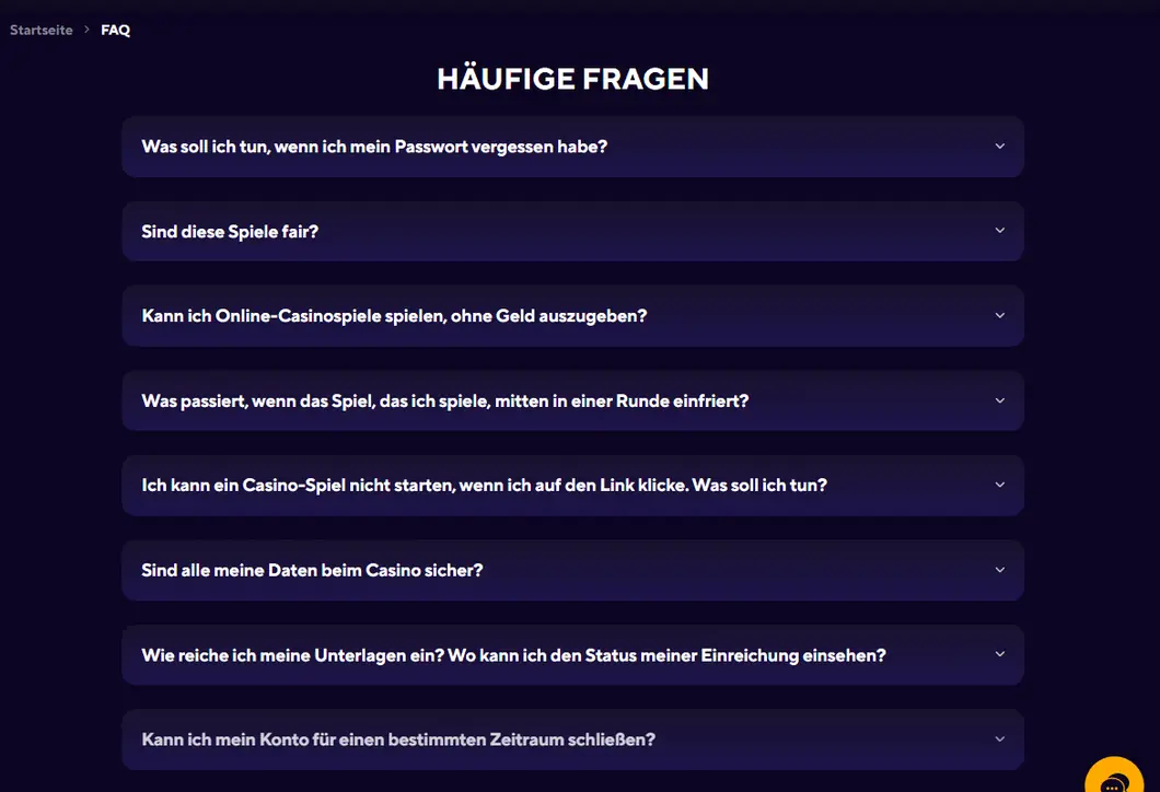Dazard FAQ-Seite mit Fragen zu Passwort, fairen Spielen und Datensicherheit