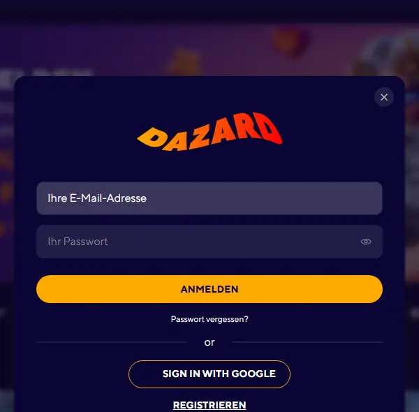 Dazard Login-Fenster mit E-Mail, Passwort und Anmeldung über Google