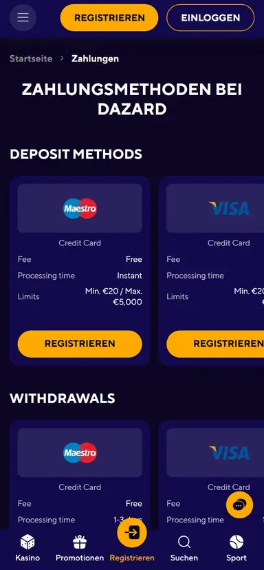 Dazard mobile cashier with Maestro and Visa, fees, processing time and limits