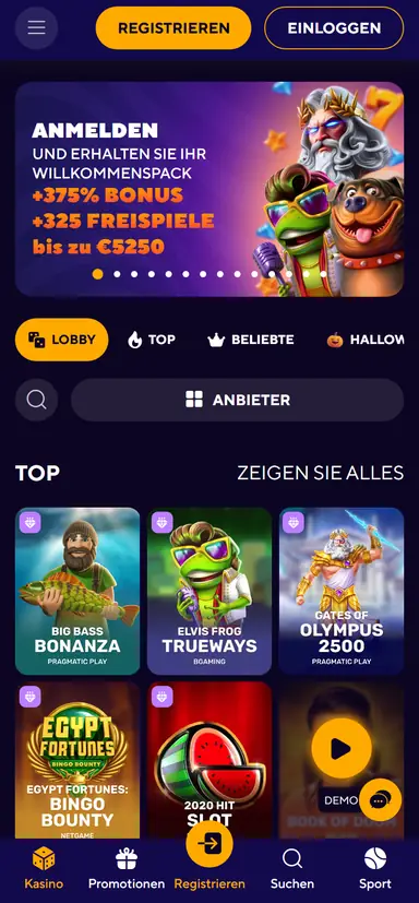 Dazard Casino app view: mobile lobby with welcome banner and Top games