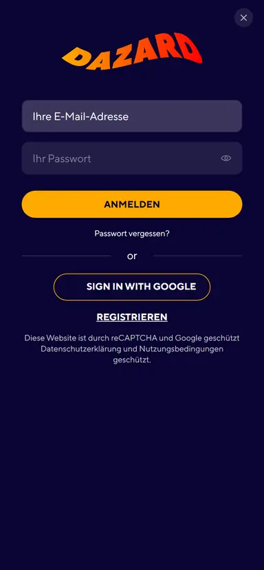 Dazard mobile sign-in window with email, password and Google button