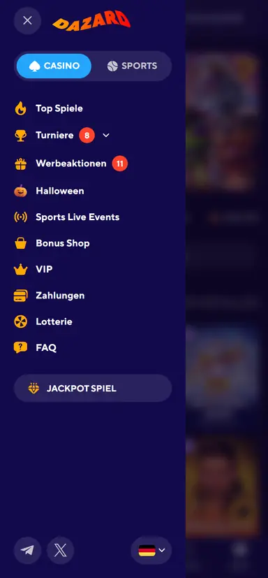 Dazard mobile menu with top games, tournaments, promotions, VIP and payments