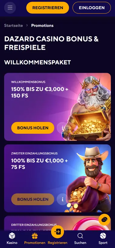 Dazard mobile promotions page with the welcome bonus stages