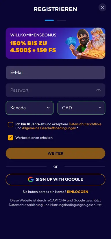 Dazard mobile sign-up form with email, password, country and currency